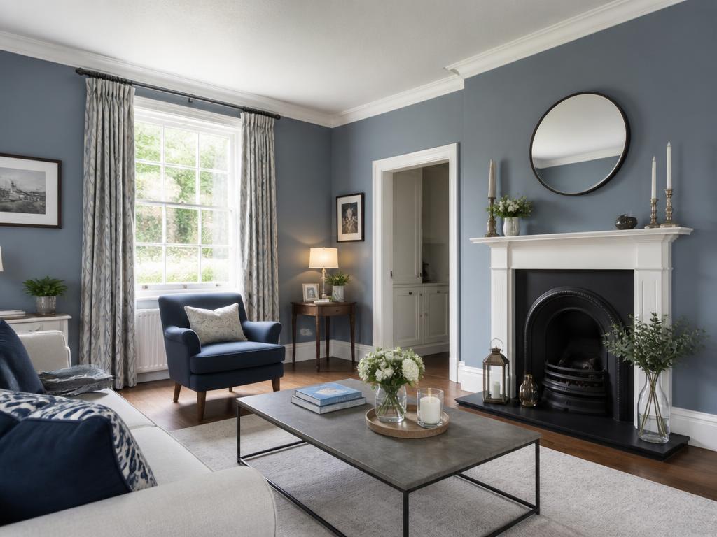 Freshly painted traditional living room with blue-grey walls and white fireplace