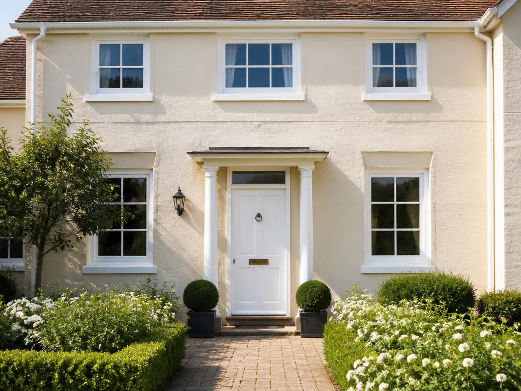 Freshly painted traditional English house exterior with white windows and door