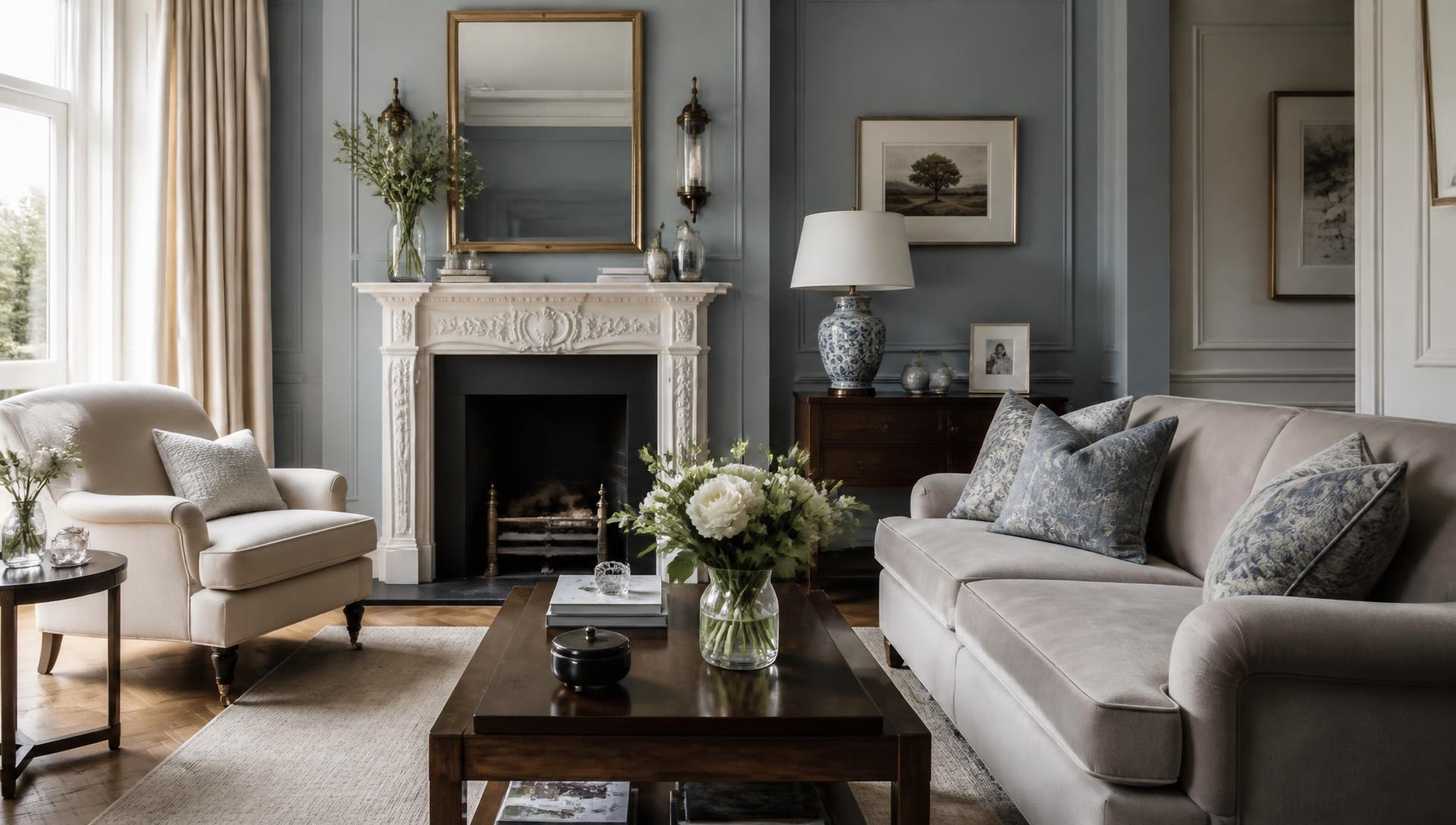 Traditional living room with freshly painted blue-grey walls and white woodwork
